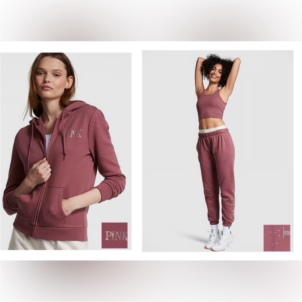 PINK Victoria's Secret Dusty Pink Bling Rhinestone Jogger Zip Hoodie Set